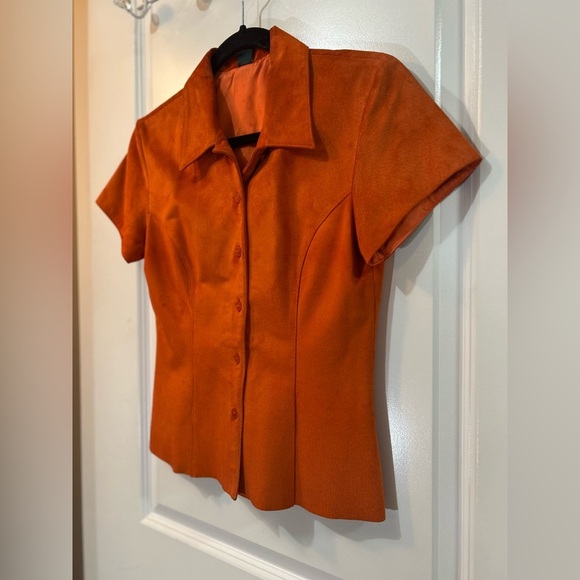 DANIER Leather Orange Suede Button Up Short Sleeve Shirt Sz Small - Picture 2 of 12